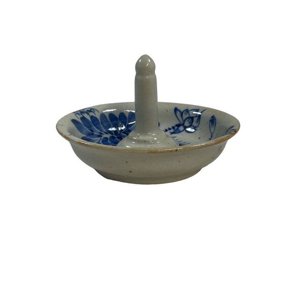 Blue Vintage Ring Holder Pottery Oriental Asian Chinese Jewelry Dish Tray Floral - Picture 2 of 6
